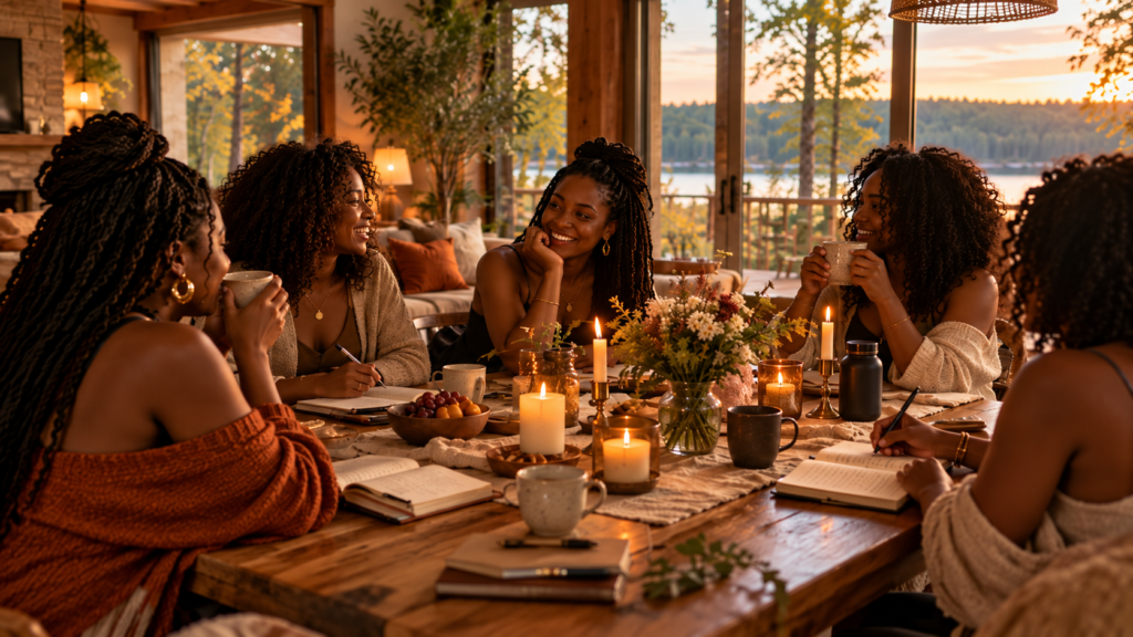 Grupo de mulheres negras reunidas à volta de uma mesa com velas e cadernos, num ambiente acolhedor junto à natureza.cf5ad4b174b2