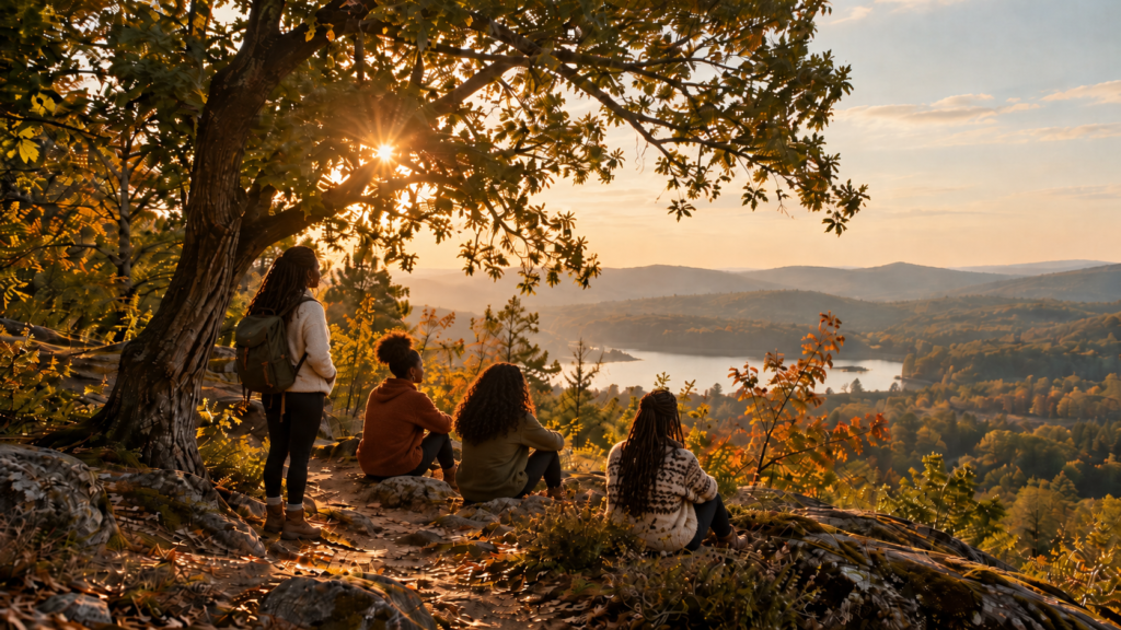 Mulheres negras juntas na natureza, a contemplar a paisagem ao pôr do sol num Momento BLAZE2981ce84653b