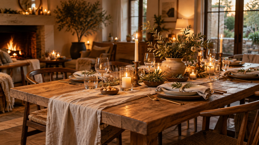 Mesa de madeira preparada para um Momento BLAZE, com velas, flores, cadernos e um ambiente acolhedor junto à natureza.
